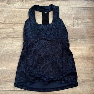 Lululemon T back Tank Top with Black and Navy Paisley Design.